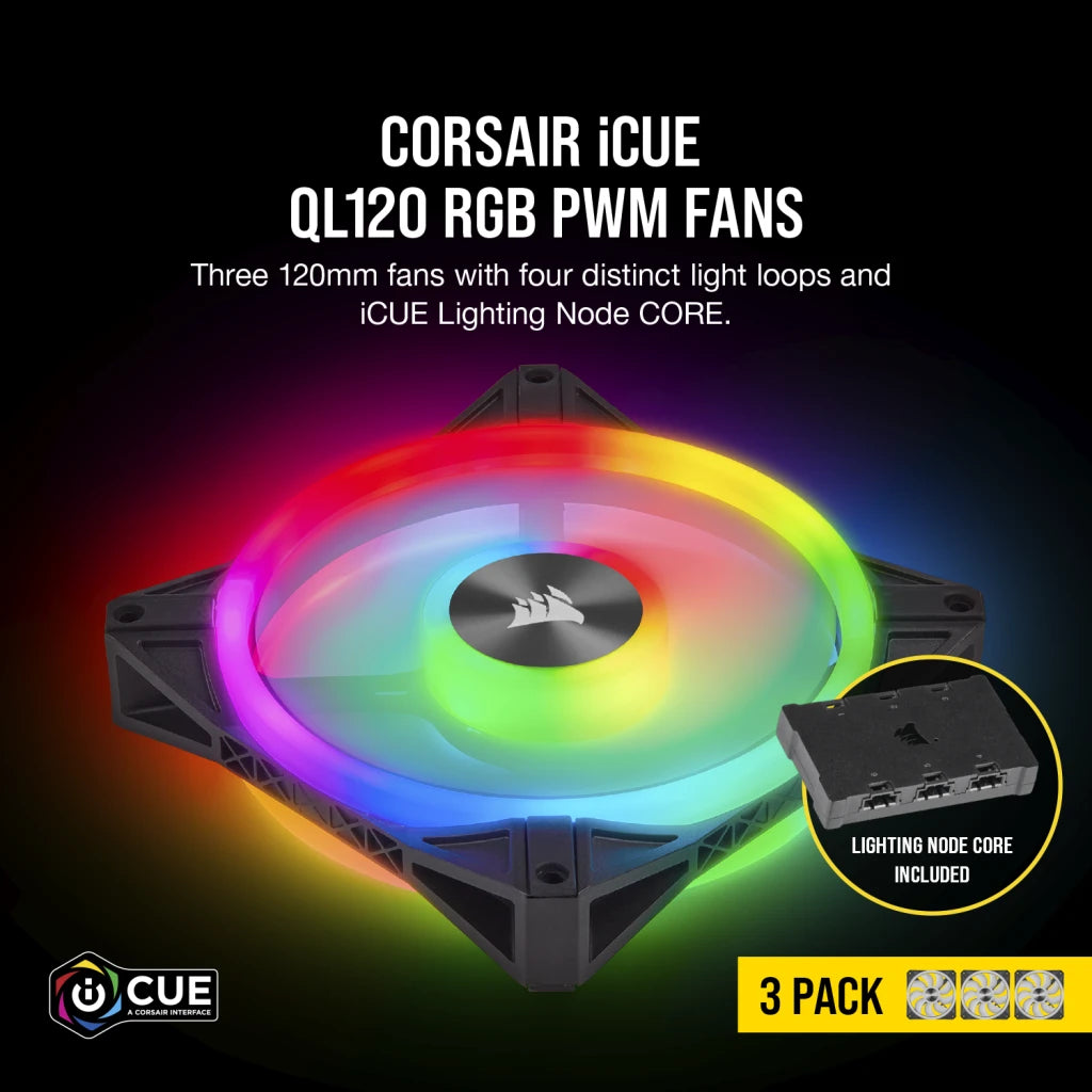 iCUE QL120 RGB 120mm PWM Triple Fan with Lighting Node CORE