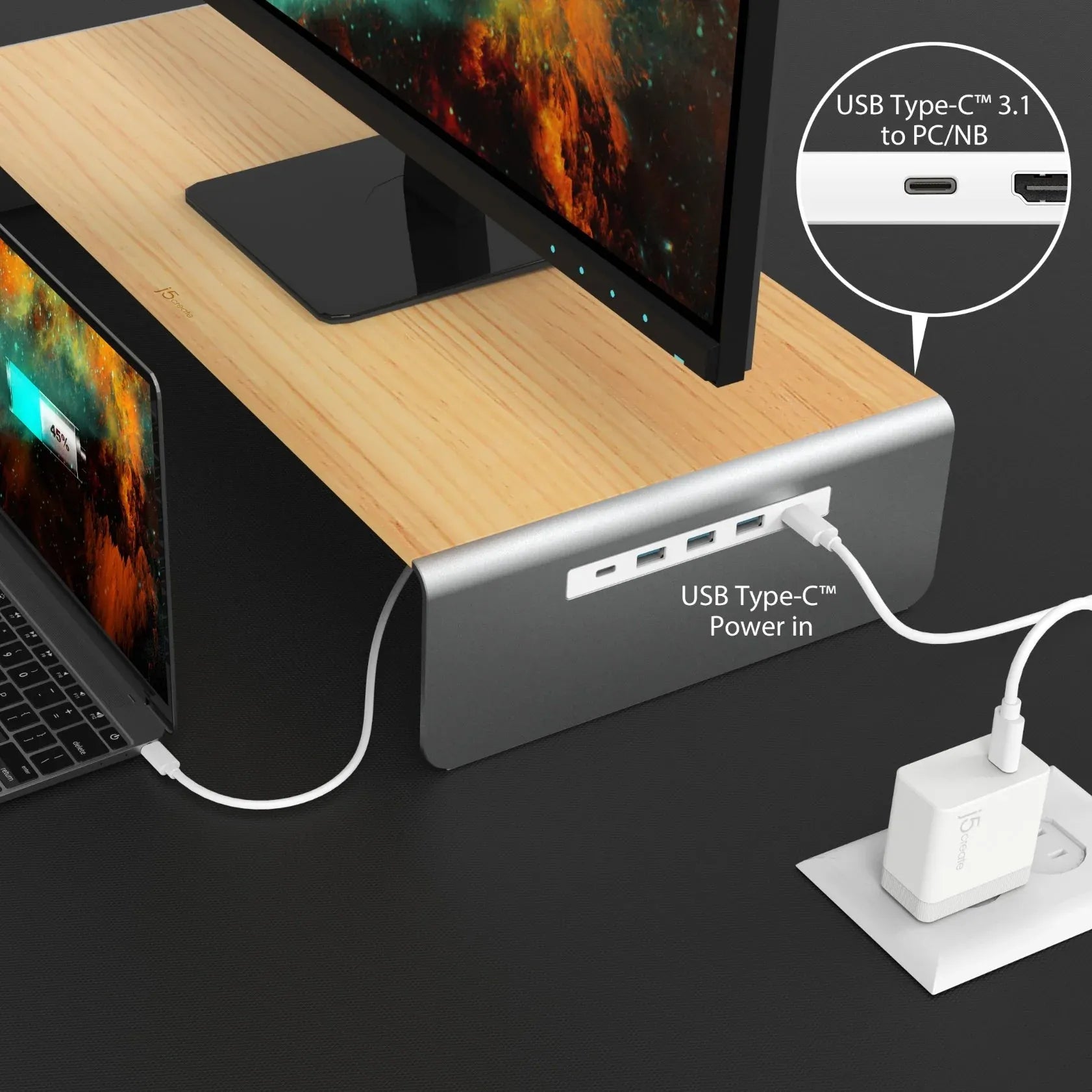 JCT425 - Wood Monitor Stand with Docking Station