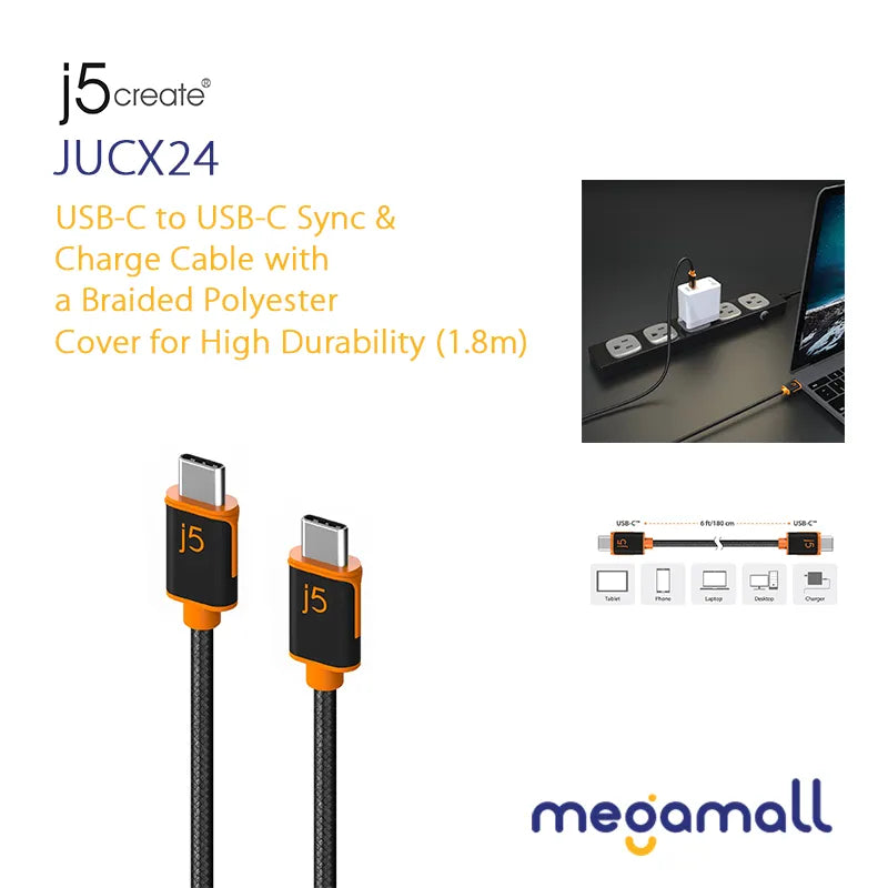 JUCX24 - USB-C to USB-C Sync & Charge Cable with a Braided Polyester Cover for High Durability (1.8m)