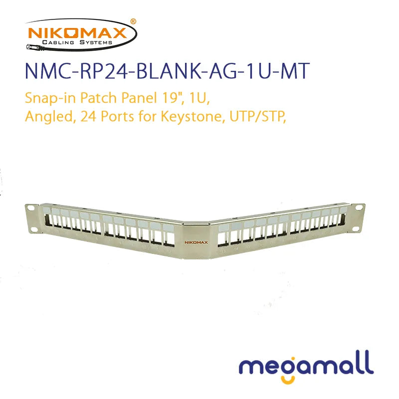 NMC-RP24-BLANK-AG-1U-MT - NIKOMAX Snap-In Patch Panel 19", 1U, Angled, 24 Ports for Keystone, UTP/STP, with Grounding Wire and Cable Organizer