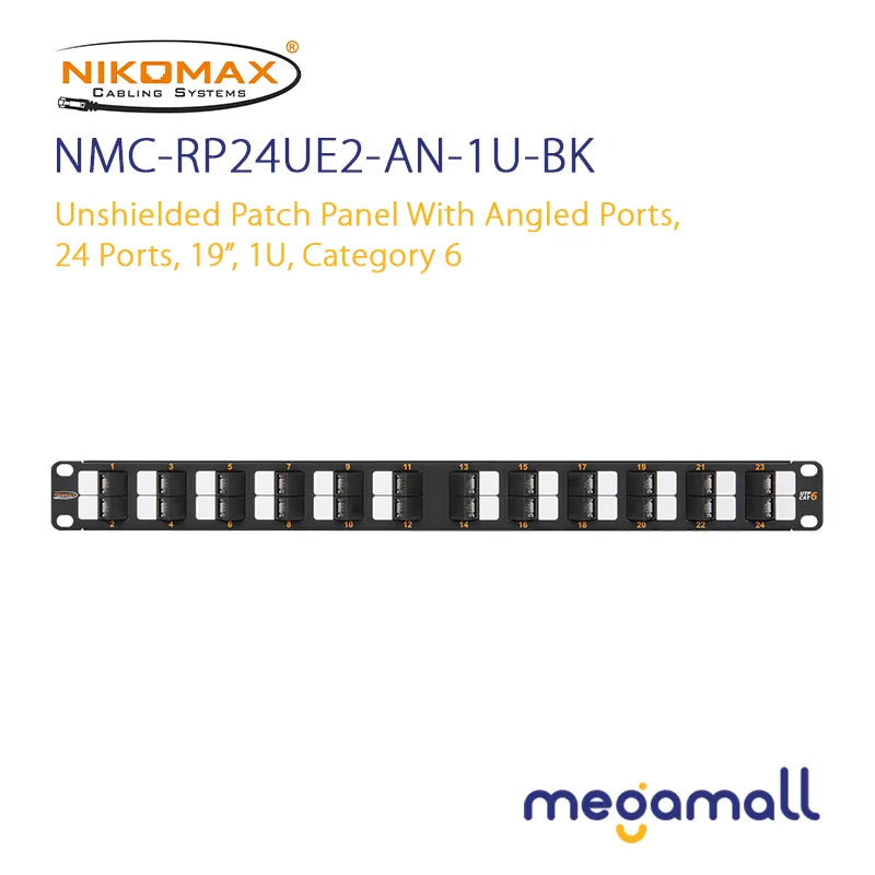 NMC-RP24UE2-AN-1U-BK - Unshielded Patch Panel with Angled Ports, 24 Ports, 19 ", 1U, Category 6