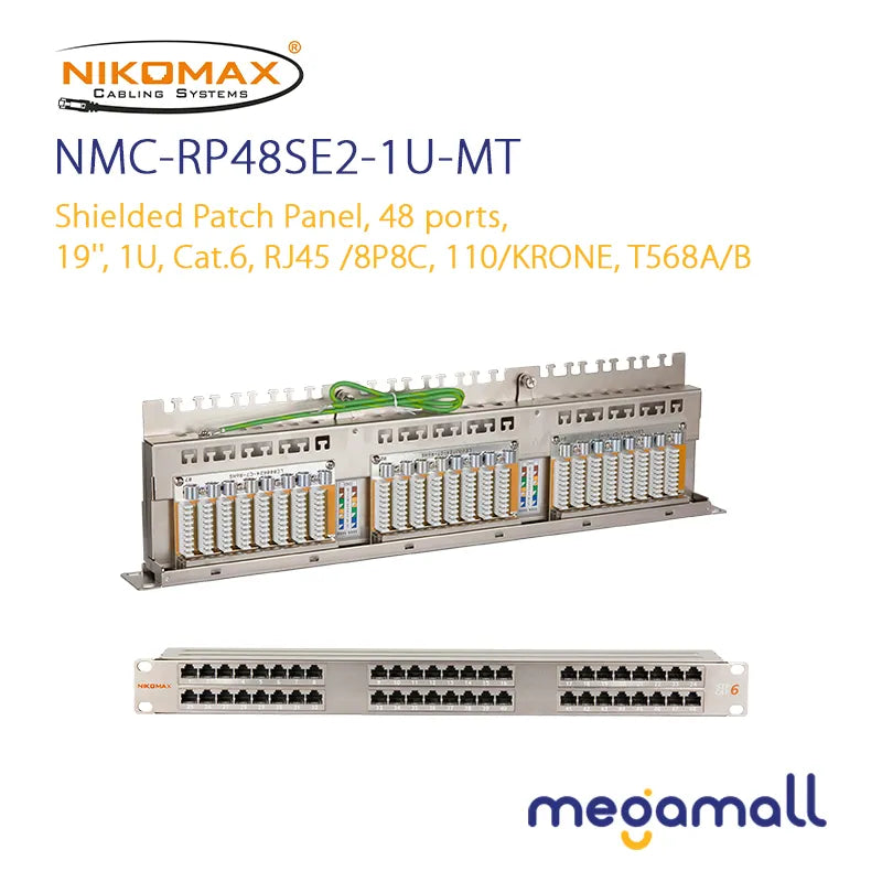 NMC-RP48SE2-1U-MT - Shielded Patch Panel, 48 Ports, 19'', 1U, Cat.6, RJ45 /8P8C, 110/KRONE, T568A/B