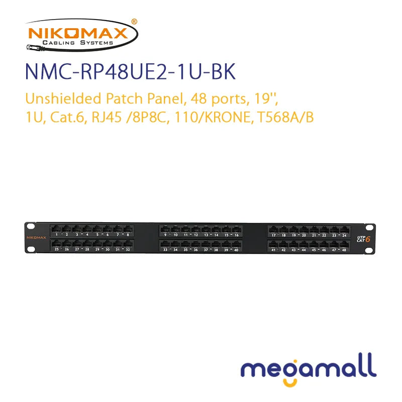 NMC-RP48UE2-1U-BK - Unshielded Patch Panel, 48 Ports, 19'', 1U, Cat.6, RJ45 /8P8C, 110/KRONE, T568A/B